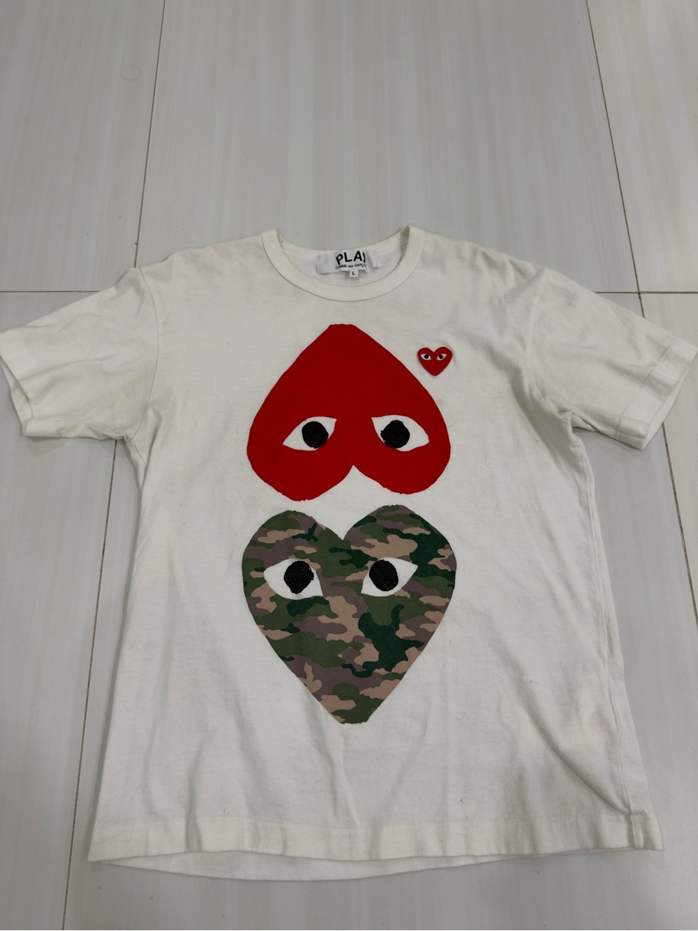 Comme des Garcons White Tee with Red & Camouflage Heart Graphics